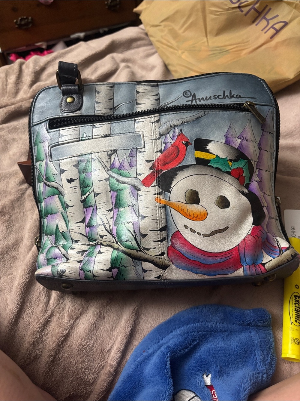Anna by Anuschka Hand Painted Leather Snowman Crossbody Zip Around Organizer
